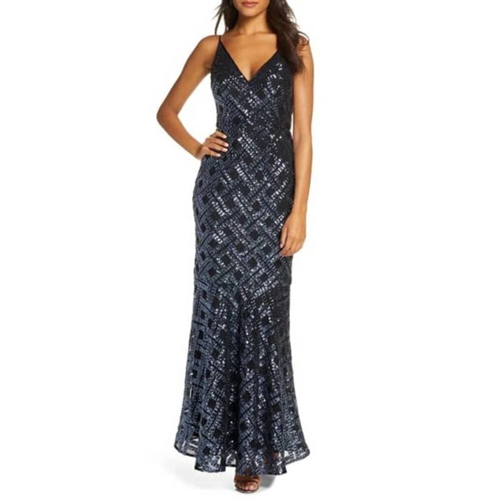 ELIZA J Sequin Sleeveless Trumpet Gown In Blue Sz 6